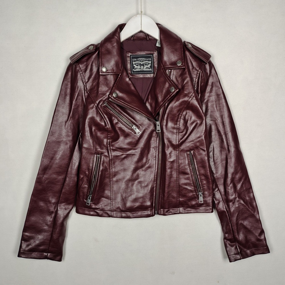 Levi Strauss Burgundy Faux Leather Moto Biker Jacket Womens Small Pockets Zip